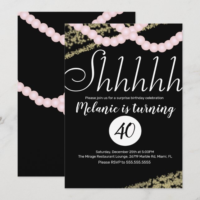Surprise Shhhhhh Pink Pearl Foil Birthday Party Invitation (Front/Back)