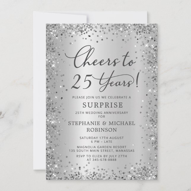 Surprise Silver Glitter 25th Wedding Anniversary Invitation (Front)