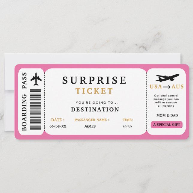 Surprise Trip Ticket  Plane Travel Boarding Pass Invitation (Front)