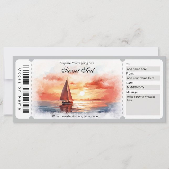 Surprise Watercolor Sunset Sailing Ticket Template (Front)