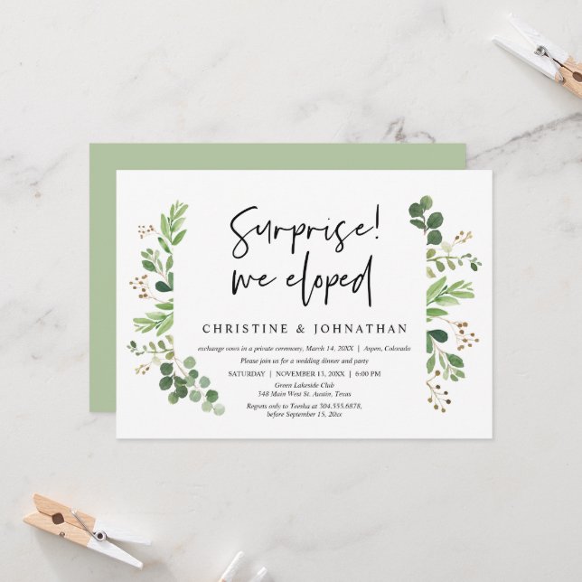 Surprise, we eloped, Wedding Elopement Party Invitation (Front/Back In Situ)