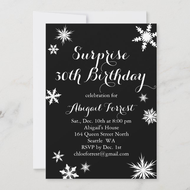 Surprise Winter Birthday Invitation - black (Front)