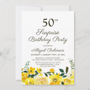 Surprise Yellow Watercolor Floral 50th Birthday Invitation