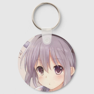 Surprised anime girl grey hair plum eyes manga key ring