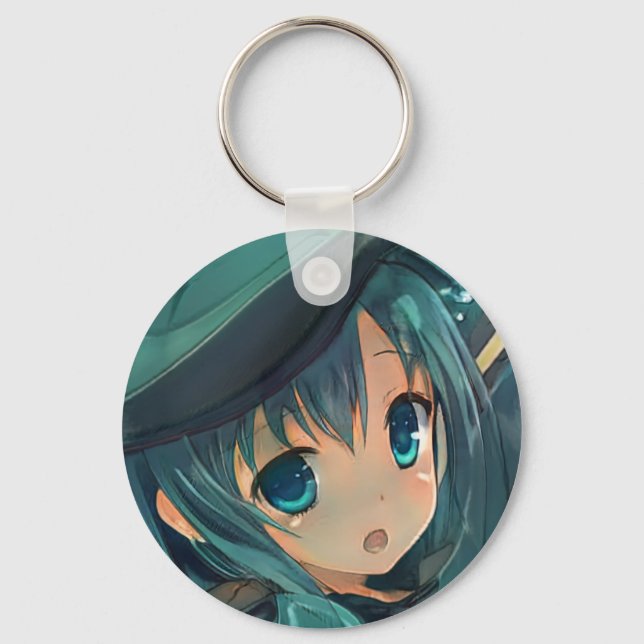 Surprised anime girl with emerald green eyes hair  key ring (Front)