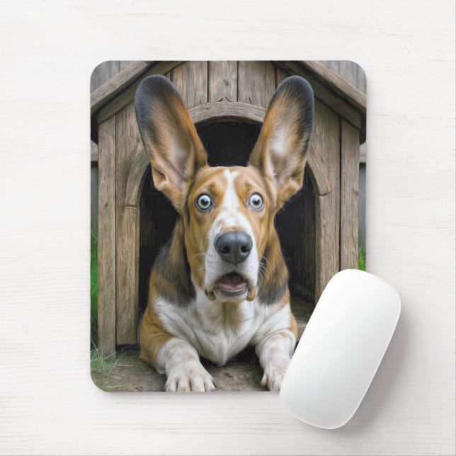 Surprised Basset Hound In a Doghouse Mouse Mat (With Mouse)
