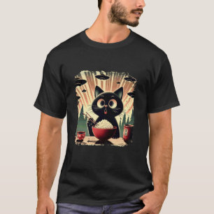 Surprised Black Cat Eating Rice While Ufo Invade R T-Shirt