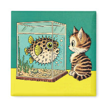Surprised cat and puffer fish magnet