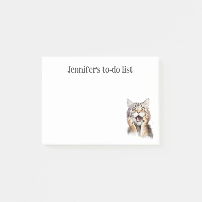 Surprised cat grey  brindle cat PERSONALIZED Post-it Notes (Front)