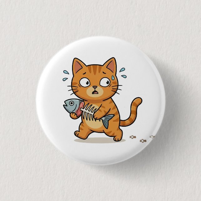 Surprised Cat Holding Fish Button (Front)