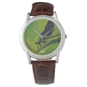 Surprised Damsel Fly, Dragon Fly Art Green Black Watch