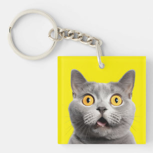 Surprised Funny Crazy Cat Yellow Key Ring