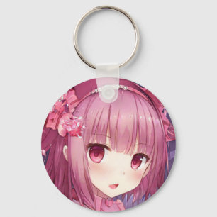 Surprised magenta pink hair eyes anime girl roses  key ring