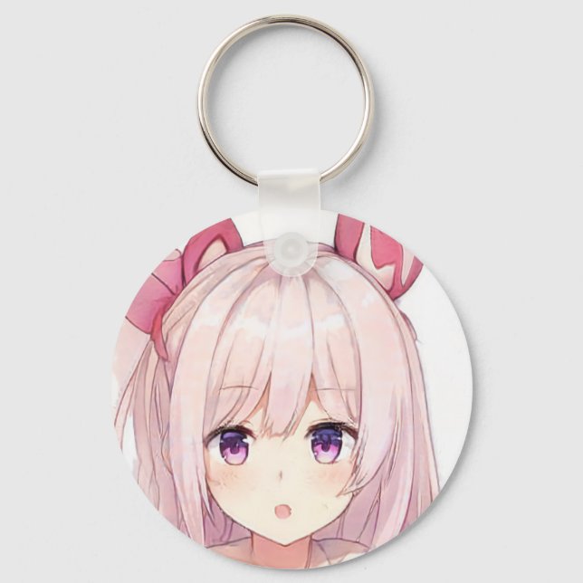 Surprised pink hair anime girl purple eyes bunny  key ring (Front)