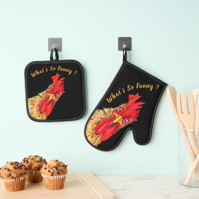Surprised Rooster Custom Text Funny Oven Mitt & Pot Holder Set (Insitu(Hanging))