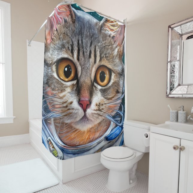Surprised Space Astronaut Cat Shower Curtain (In Situ)