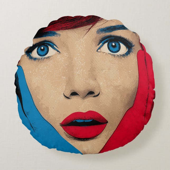 Surprised Woman in Pop Art Round Cushion (Front)