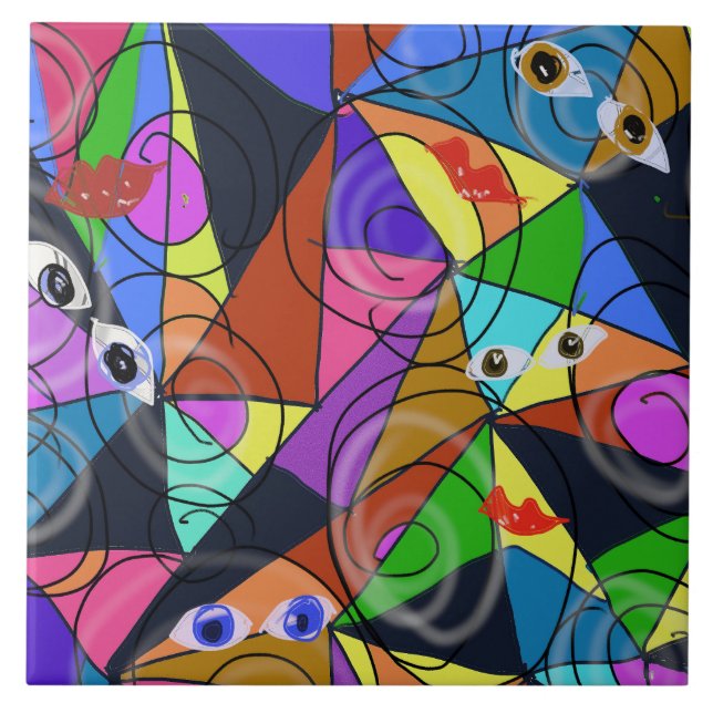 Surreal Abstract Geometric Patterns with Eyes  Tile (Front)