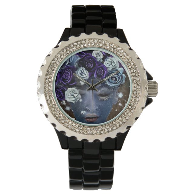 Surreal Abstract Indigo Face & Flowers Watch (Front)