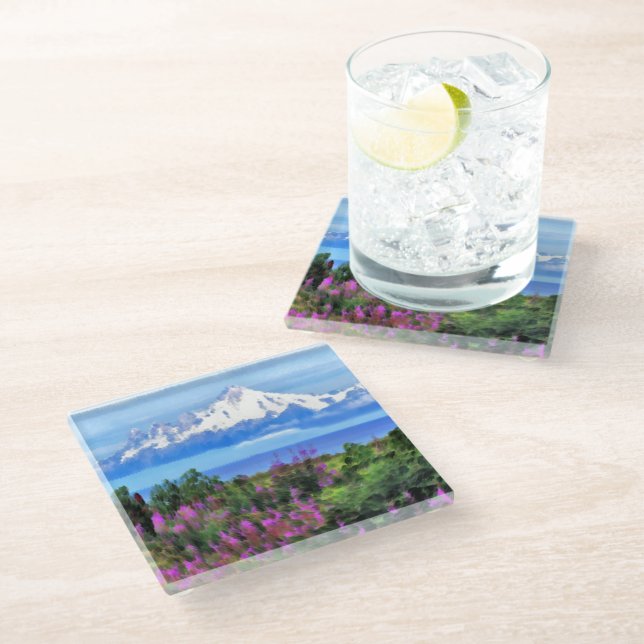 Surreal Alaskan Wilderness painting Glass Coaster (Angled)