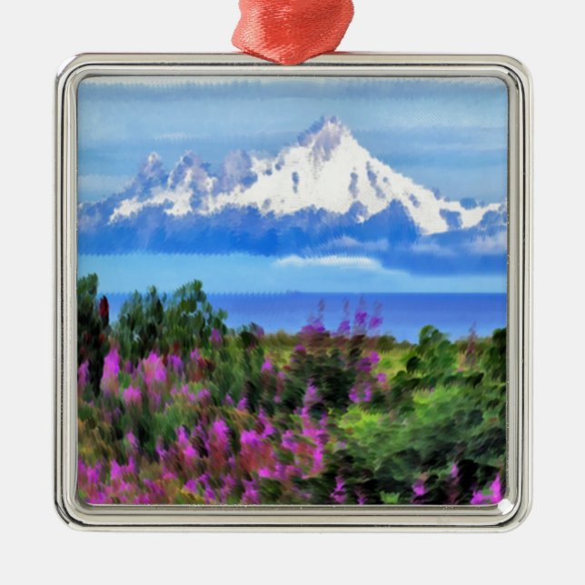 Surreal Alaskan Wilderness painting Metal Tree Decoration (Front)
