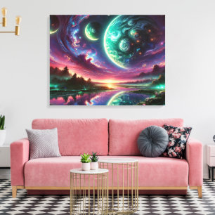 Surreal Alien Planet Landscape with Cosmic Skies Canvas Print