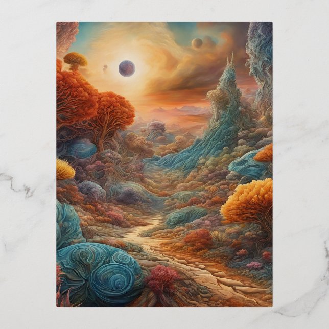 Surreal and absurd landscape with strange things,  foil holiday postcard (Front)