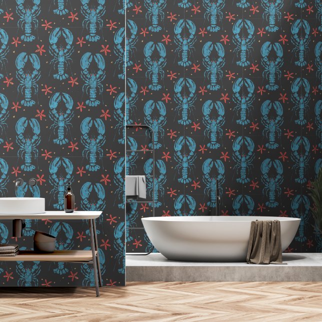Surreal Animal Design With blue lobsters Pattern. Wallpaper (Bathroom)