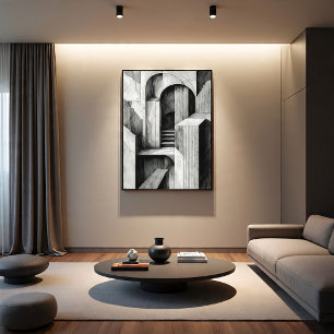 Surreal Architectural Stairs and Arches Monochrome Canvas Print