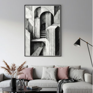 Surreal Architectural Stairs and Arches Monochrome Poster