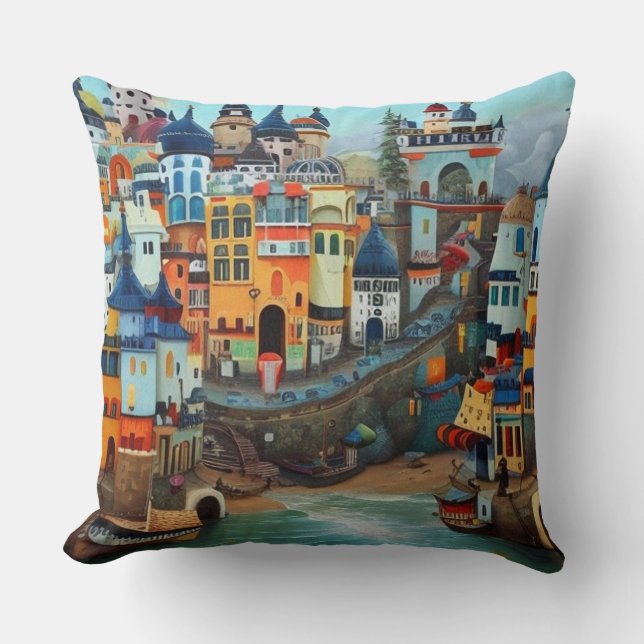 Surreal Art Abstract a small tourist town beach Cushion (Front)