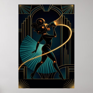 Surreal Art Deco Camera Woman Gold Silhouette Poster