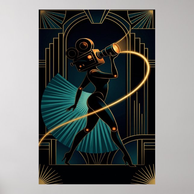 Surreal Art Deco Camera Woman Gold Silhouette Poster (Front)