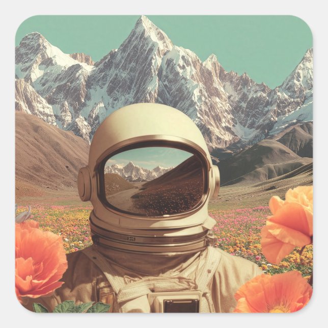 Surreal Astronaut In Flower Field Square Sticker (Front)