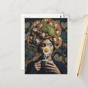 Surreal Avocado Toast Tomato and Coffee woman Postcard