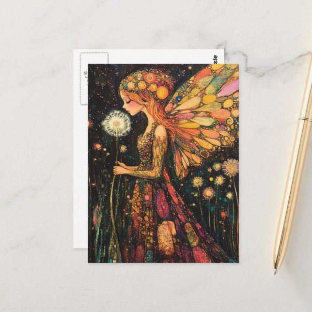 Surreal Beautiful Colorful Dandelion Fairy Postcard (Front/Back In Situ)