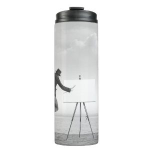 surreal black and white art painter drawing on a c thermal tumbler