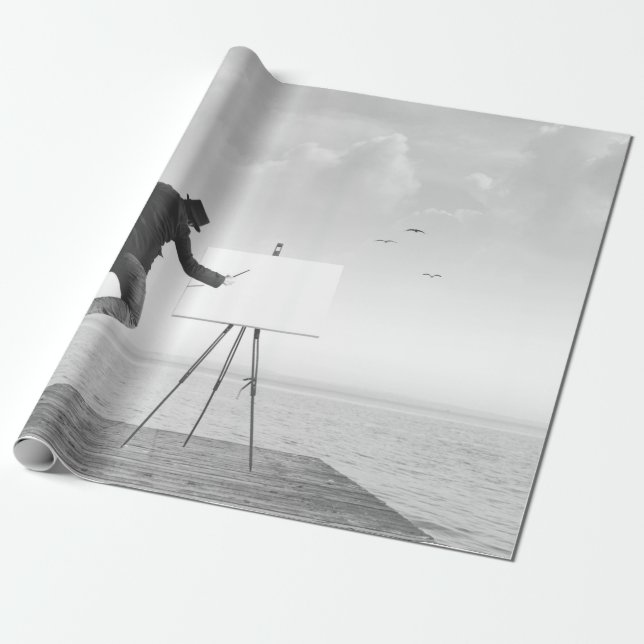 surreal black and white art painter drawing on a c wrapping paper (Unrolled)