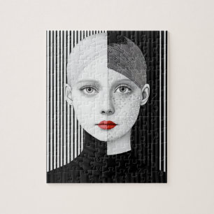 Surreal Black and White Face Red Lips Jigsaw Puzzle