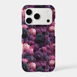 Surreal Black Cat and Pink Peony Floral Pattern