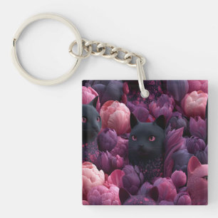 Surreal Black Cat and Pink Peony Floral Pattern Key Ring