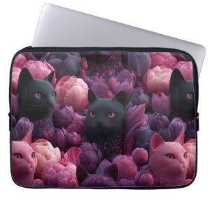Surreal Black Cat and Pink Peony Floral Pattern Laptop Sleeve