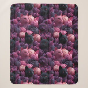Surreal Black Cat and Pink Peony Floral Pattern Sherpa Blanket