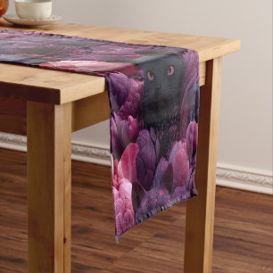 Surreal Black Cat and Pink Peony Floral Pattern Short Table Runner
