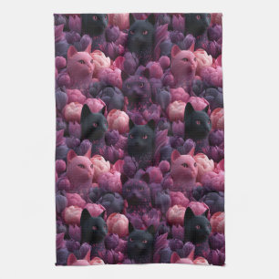 Surreal Black Cat and Pink Peony Floral Pattern Tea Towel