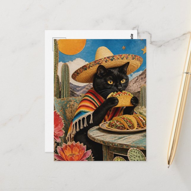 Surreal black cat eating tacos collage postcard (Front/Back In Situ)