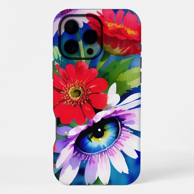 Surreal Blue Eye Pink Flower & Red Zenias iPhone Case (Back)