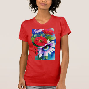 Surreal Blue Eye Pink Flower & Red Zenias T-Shirt