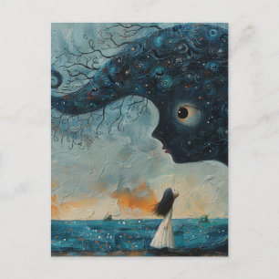 Surreal Blue Face and a Girl Postcard