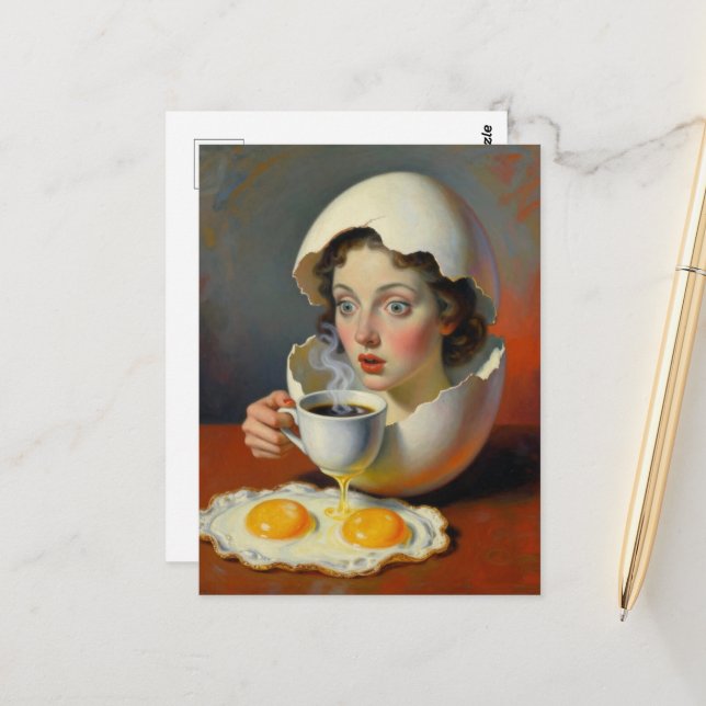 Surreal Breakfast Woman in Cracked Egg With Coffee Postcard (Front/Back In Situ)